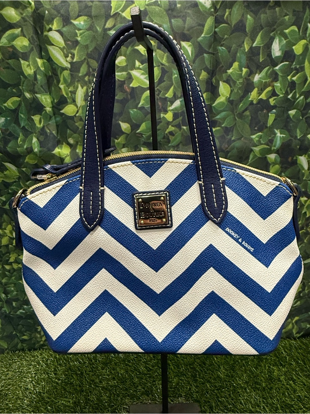 Dooney & Bourke Chevron Ruby Mini Satchel Coated Cotton Handbag Navy Blue White